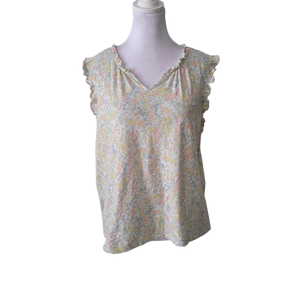 Lauren Ralph Lauren Size XL Black Label Pastel Floral Ruffle Trim Sleeveless Top